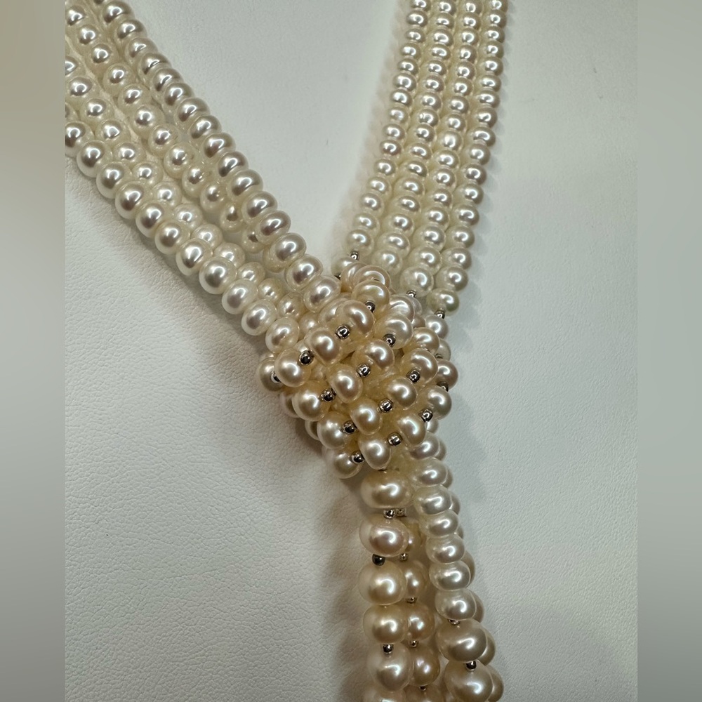 Multi-strand white cultured pearl lariat necklace with silver spacer beads, - Picture 4 of 7